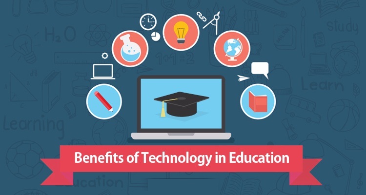 Image Representing The Text Benefits of Technology in Education in a blue background.